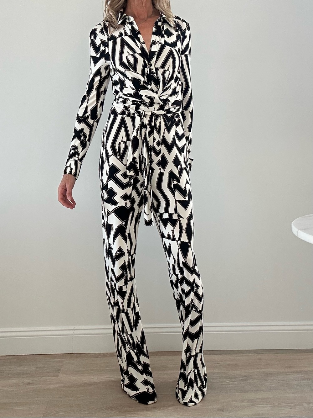 Diane Von Furstenberg Black & White Geometric Tie-Waist ‘Michelle’ Jumpsuit